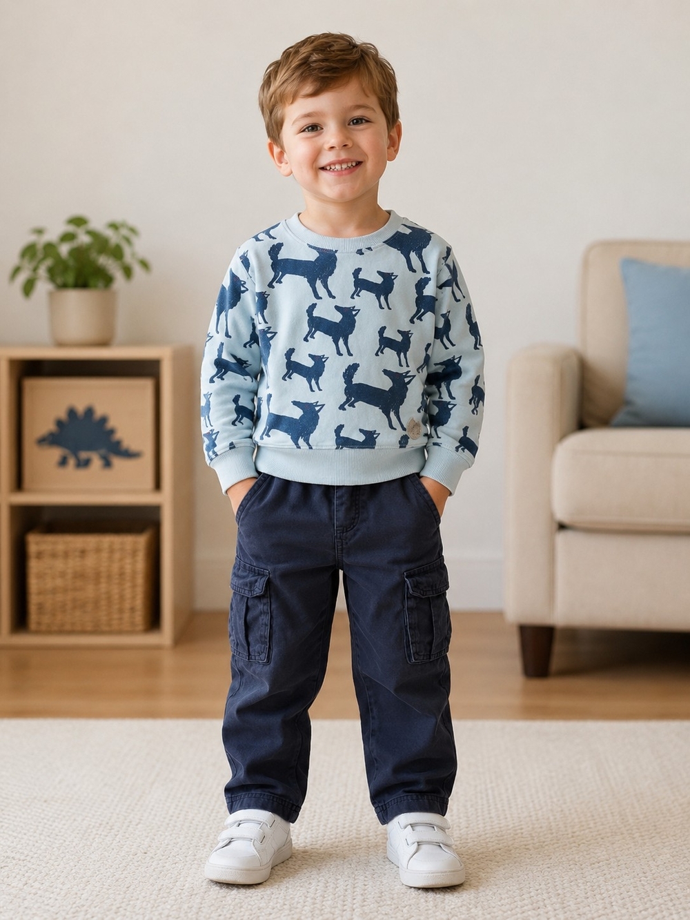Toddler Boys 2 Piece Outfit 3T Animal Sweatshirt & Garanimals Cargo Pants Set